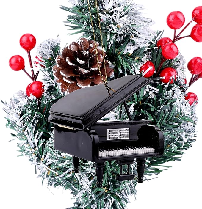 3.15" Wooden String Miniature Grand Piano Hanging Ornament Mini Musical Instrument Replica Music Birthday Gifts Holiday Tree Home Decoration Display Ornament Model (Black, 3.15" Piano)