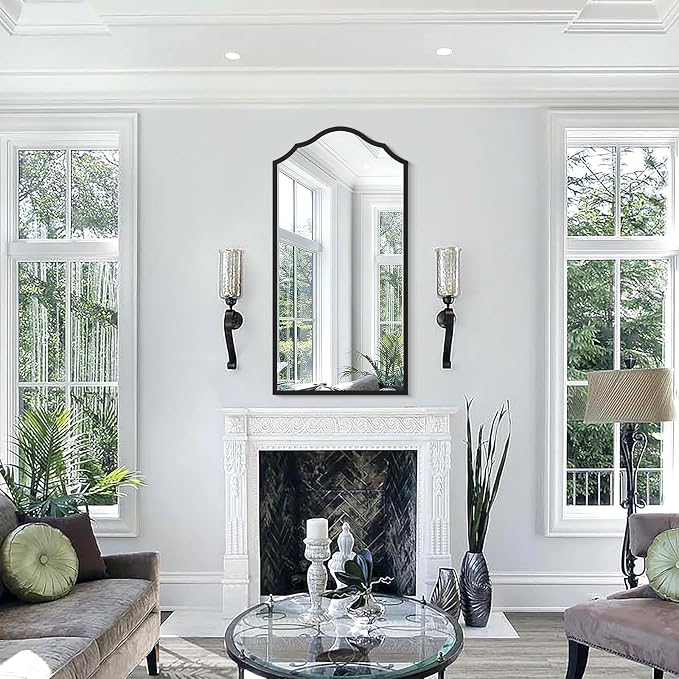 Arched Bathroom Mirror for Wall, 48"x24" Long Scalloped Entryway Mirror with Black Decorative Metal Frame for Living Room, Bedroom, Entryway