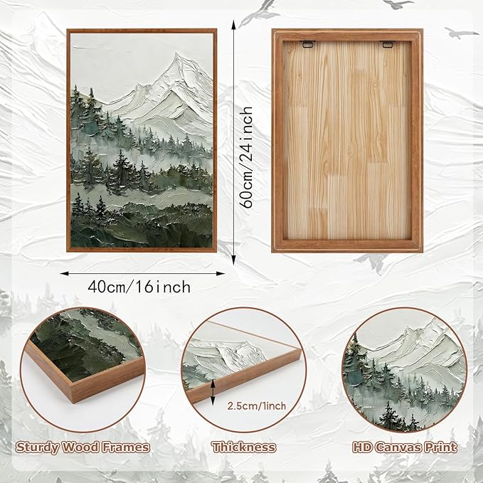 KAlRNE Natural Mountain Framed Canvas Wall Art Set of 3(16”X24”),Textured Sage Green Wall Decor,Neutral Watercolor Forest Picture Snowy Landscape Art Prints For Living Room Bedroom Office