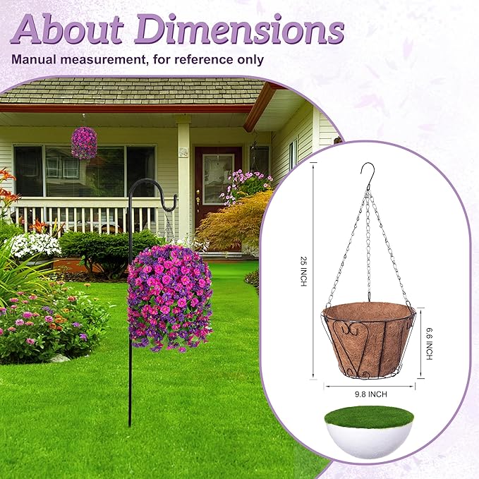 Artificial Fake Hanging Flowers Basket for Spring Decor, Faux Silk Flower in Planter for Summer, Outdoor Artificial Floral for Home Porch Yard(Purple-red Deep Purple)
