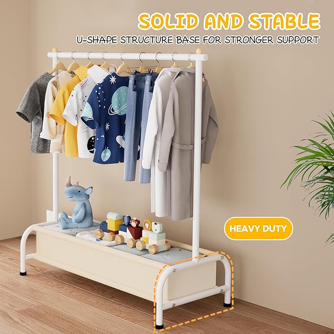 MISSLO Kids Clothing Rack with Basket Small Dress Up Storage Short Toddler Dress Up Rack Kids Closet for Baby Clothes, White