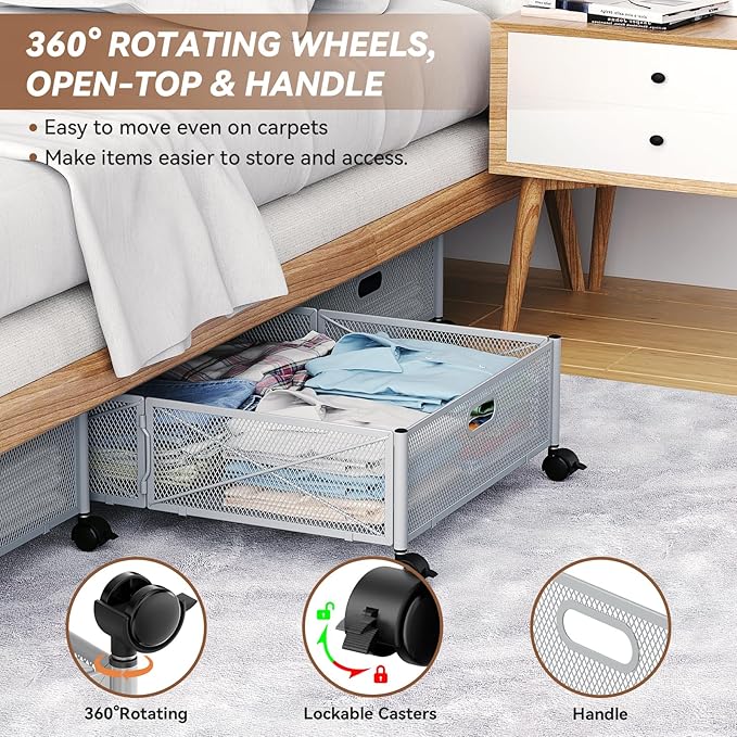 PHINOX Under Bed Storage, Under the Bed Storage Containers with Wheels, Under Bed Shoe Storage Organizer Drawer for Bedroom Clothes Shoes Blankets -2Pack