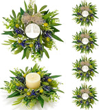 6 PCS Green Eucalyptus Olive Swag Wreaths for Pillars Spring Summer Greenery Kitchen Cabinet Wreaths Mini Green Boxwood Leaves Wreath with Ribbon for Front Door Porch Wall Window Farmhouse Decoration