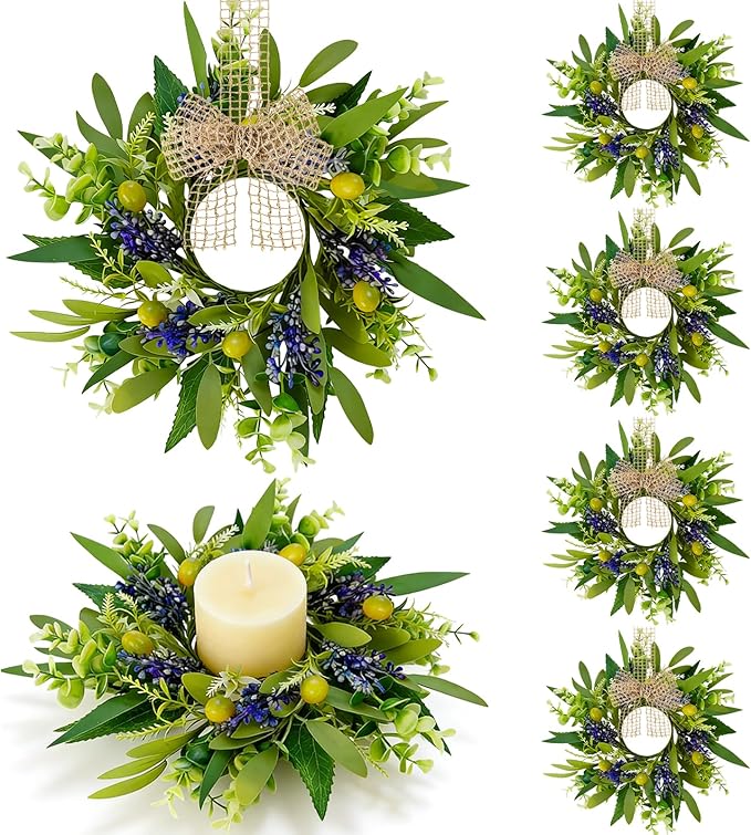 6 PCS Green Eucalyptus Olive Swag Wreaths for Pillars Spring Summer Greenery Kitchen Cabinet Wreaths Mini Green Boxwood Leaves Wreath with Ribbon for Front Door Porch Wall Window Farmhouse Decoration