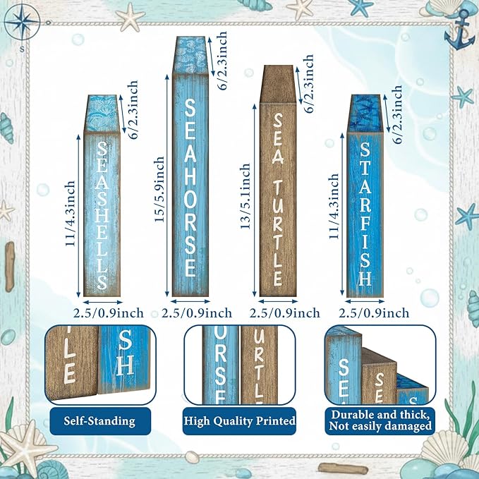 Lineshading 4 Pcs Summer Table Decoration Wooden Book Coastal Beach Decoration Blue and White Summer Tiered Tray Decor Wood Book Sign Farmhouse for Ocean Party Home Shelf Coffee Table