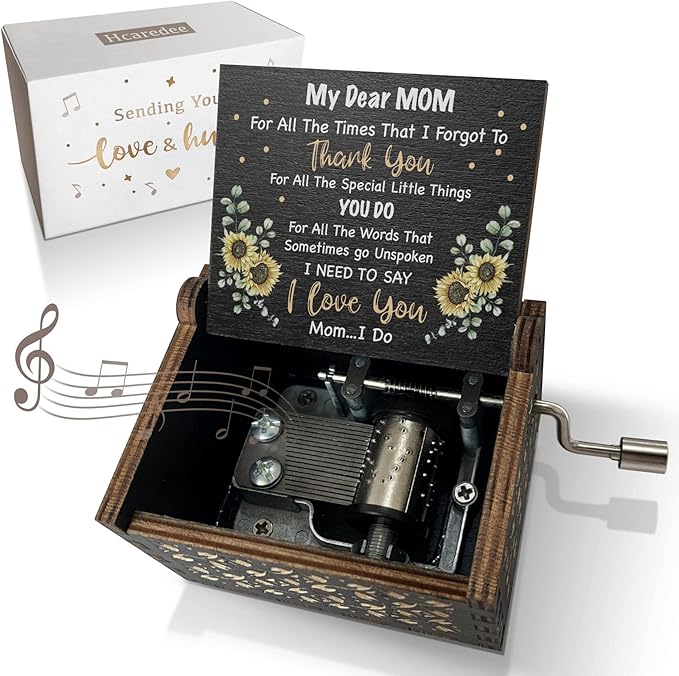 Sunflower Music Box Gifts for Dear Mom from Son on Birthday Christmas Mothers Day You are My Sunshine Hand Crank Engraved Wooden Musical Boxes Black