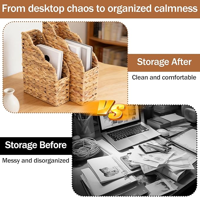Water Hyacinth Magazine Holders, Scalloped Edge, Natural Handwoven Rattan Storage Baskets, Large and Small Size Packages, Storage Bin & Organizer for Files, Books, Newspapers, Decorative Storage Bin