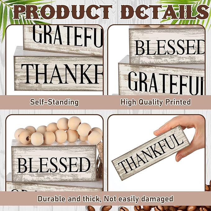 4 Pcs Farmhouse Wooden Tabletop Decor Neutral Farmhouse Tiered Tray Decor Rustic Retro Wood Bead Garland Blessed Grateful Thankful Block Sign Centerpiece for Coffee Home Office Shelf Mantle Table