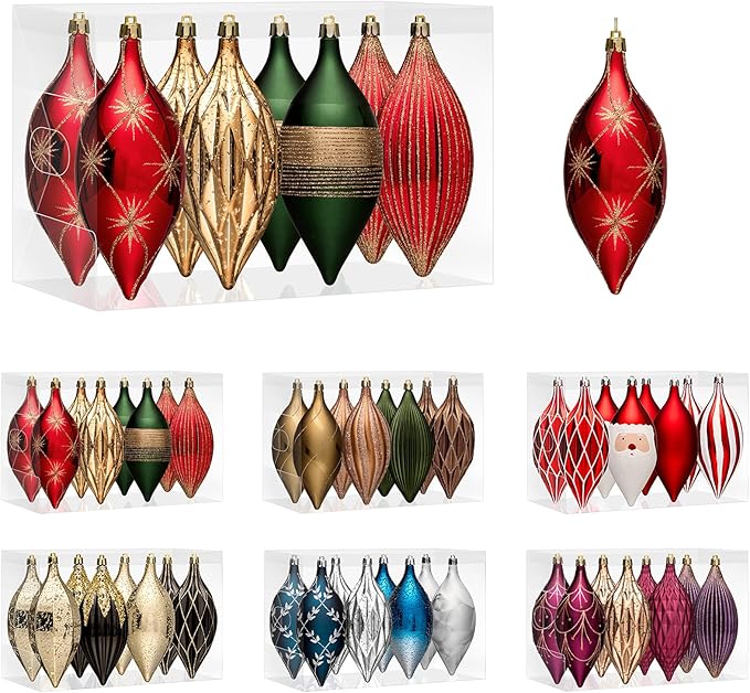 JORNOY Finial Drop Christmas Ornaments for Tree Decorations, 150mm/6inch Shatterproof Plastic Hanging Large Tear Drop Baubles Bulk for Holiday Home Party Decor with String, 8 Pack, Red Green Gold