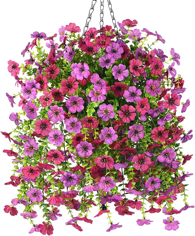 Homsunny Artificial Fake Hanging Plants Flowers Baskets for Outdoor Outside Spring Decor,Faux Silk Daisy UV Resistant Look Real Summer Decorations for Home Porch Patio Yard Garden(Light Purple