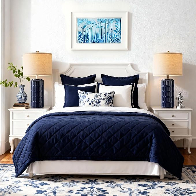 PARTPHONER 23" Farmhouse Modern Ceramic Table Lamp Set of 2 - Navy Blue Bedside Lamps for Bedroom & Living Room, Nightstand, Desk, End Table