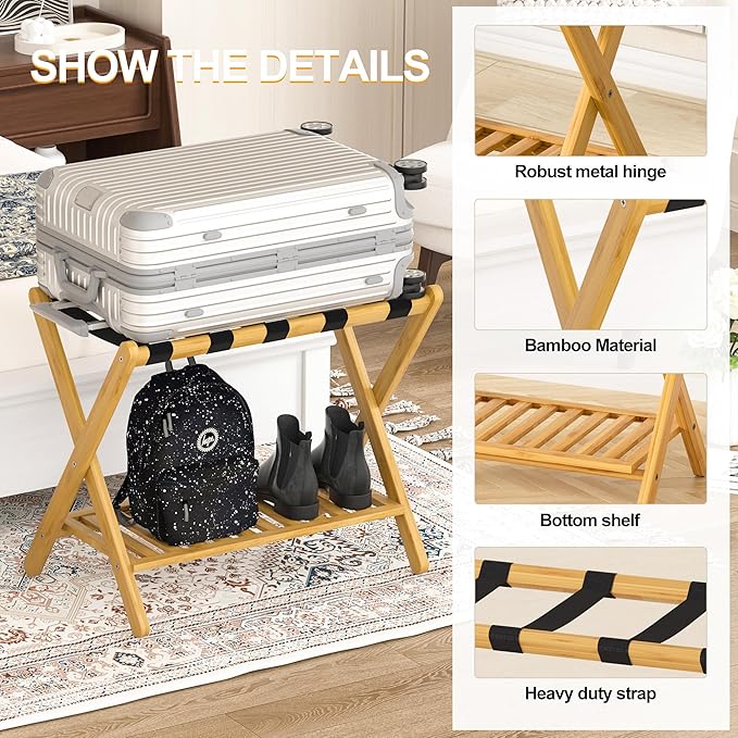 Luggage Racks Suitcase Stand Foldable With Storage Shelf For Guest Room Hotel Essentials Solid Bamboo Heavy-Duty Item Holder Natural