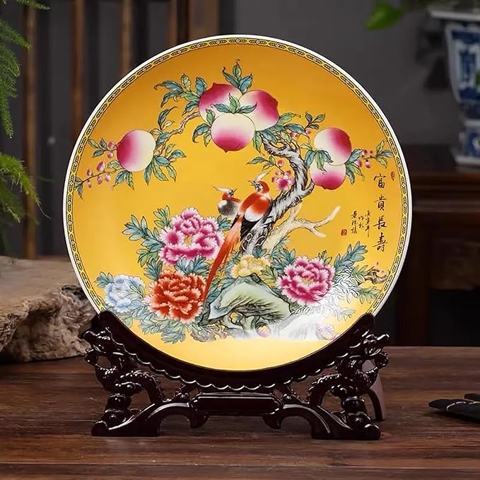 LIYAOLI Decorative Plates for Display,2025 Chinese Classical Colorful Longevity Peaches & Peony Flowers Plate Decor Handmade Art Decor for Display Living Room Table