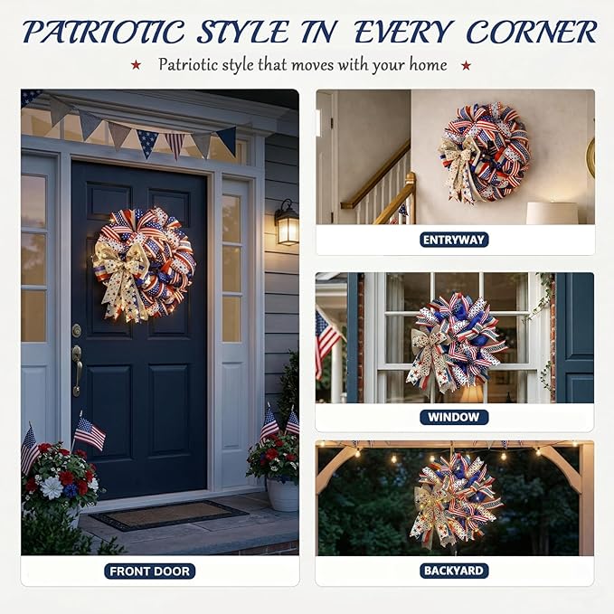 250th Anniversary Patriotic Wreaths for Front Door, 24 Inch Large 4th of July Decorations, Handcrafted Ribbon Burlap Bow, Red White and Blue Memorial Day Wreath with Lights & Storage Bag