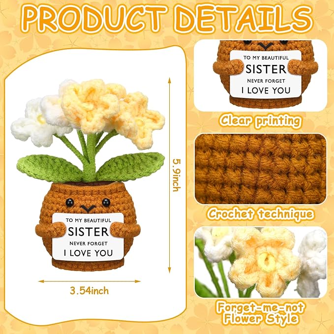 Wavwavw Sister Gifts Handmade Crochet Doll with Card Crochet Present for Sisters Sis Big Little Sister Birthday Wedding Home Decor(Yellow Myosotis)
