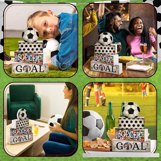 Moucuny 4 Pcs Soccer Table Decor Wooden Sport Tiered Tray Decor National Flags Table Centerpiece Decorative Classic Soccer Block Signs Gift Farmhouse Sports Decoration for Home Kitchen Shelf