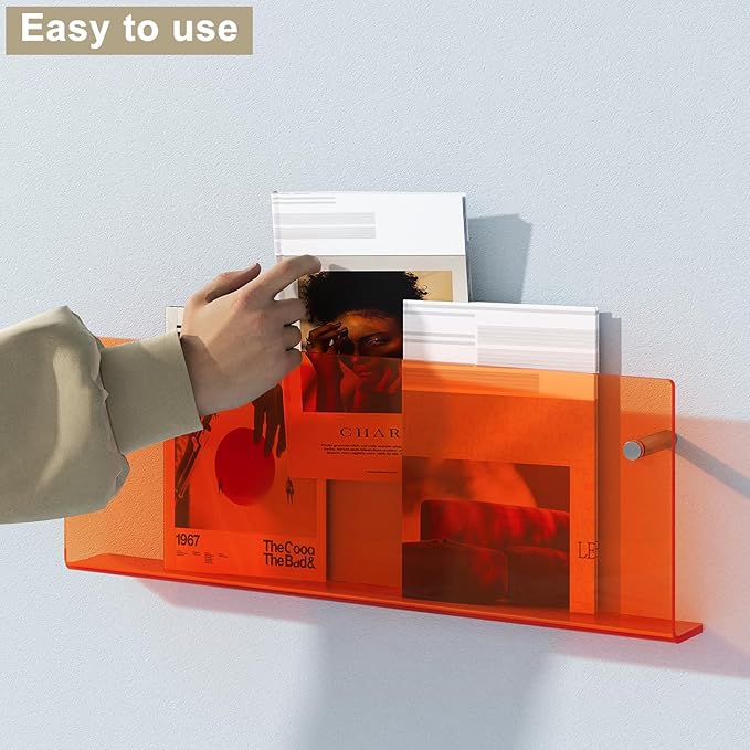 Acrylic Magazine Holder, 2 Pack Hanging Bookshelf Magazine Rack, Wall Mounted Floating Brochure Display for Waiting Room, Office, Home (Orange, 17 Inch)