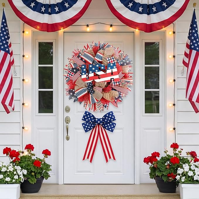 Patriotic Wreath for Front Door, 24 inch 4th of July Decorations with Red White Blue USA Tags for 250th Anniversary American Independence Day Memorial Day Decor