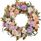 22 Inch Vintage Floral Wreath - Artificial Purple Pink Rose, Peach Dahlia, Hydrangea & White Berry with Boxwood, Lamb's Ear, Willow Eucalyptus, Indoor Outdoor Farmhouse Front Door Decor