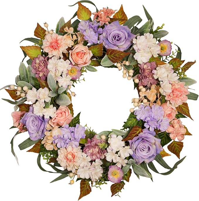 22 Inch Vintage Floral Wreath - Artificial Purple Pink Rose, Peach Dahlia, Hydrangea & White Berry with Boxwood, Lamb's Ear, Willow Eucalyptus, Indoor Outdoor Farmhouse Front Door Decor
