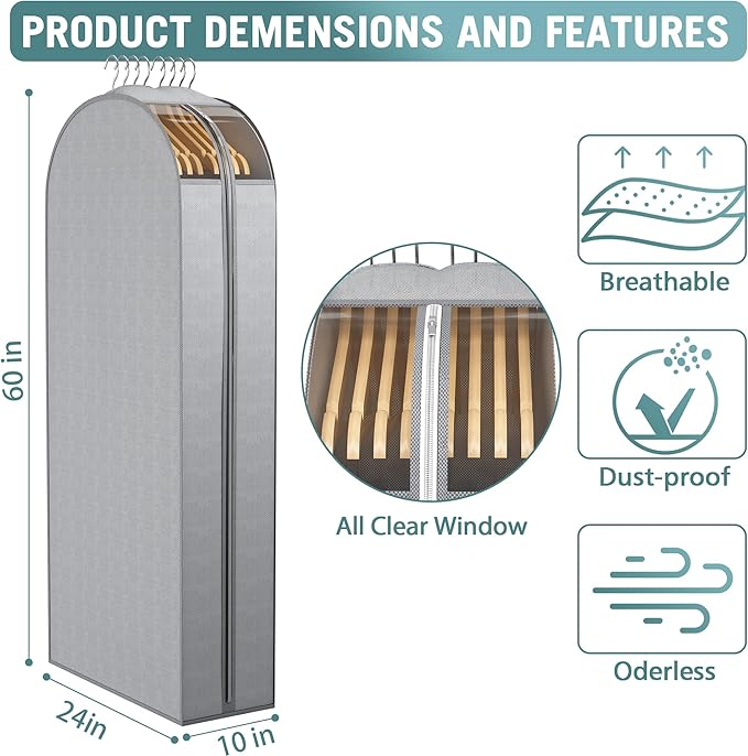 10" Gusseted Garment Bags for Hanging Clothes with Clear Window 50" Suit Bags for Open Closet Storage, Clothing Cover for Coat, Dress, Jacket, Shirt, Fur Wardrobe Protector, 3 Packs