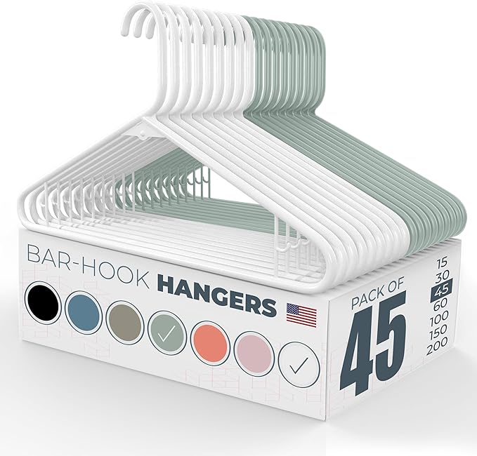 Neaties Plastic Hangers 45 Pack - Made in the USA - 6lb Capacity Standard Clothes Hangers with Strap Hooks for Dresses, Lingerie, Shirts, Pants, and Jackets - White & Mint