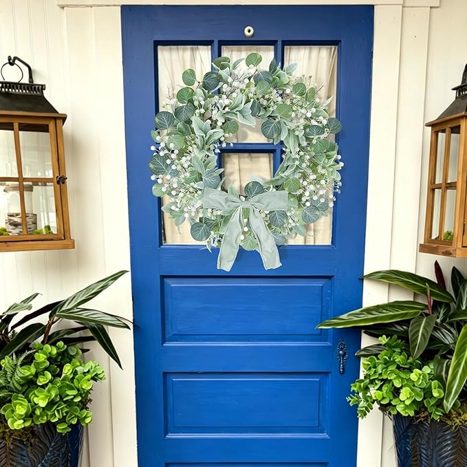 24" Summer Wreath for Front Door, Lamb Ear Grapevine Wreath, Artificial White Baby's Breath Berries Green Bow Decoration for Summer Farmhouse Indoor Staircase Outdoor Porch Decor