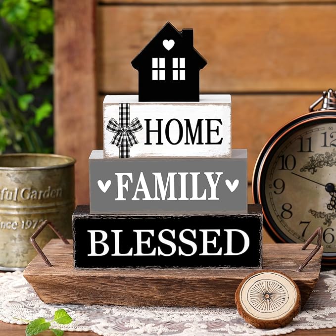 Cinnvoice 4 Pcs Farmhouse Tabletop Decor Rustic Family Blessed Home Table Centerpiece This Is Us Sign for Kitchen Shelf Desk Fireplace Mantel Tiered Tray Decor(Neutral Home Family Blessed)