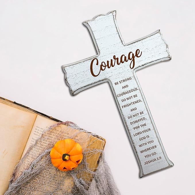 dsjaidh Cross Wall Decor - White Scripture Wooden Cross For Wall - Minimalist Wooden Hanging Signs Christian Easter Decor for Home Office Church Baptism - Christian Gifts for Men Women (Courage)- A02