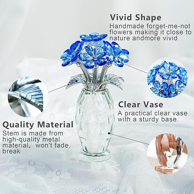 H&D HYALINE & DORA Blue Crystal Forget Me Not Flower Figurine,Flower Gifts for Women,Crystal Glass Flower Collectible Ornaments for Home Decor Table Centerpiece