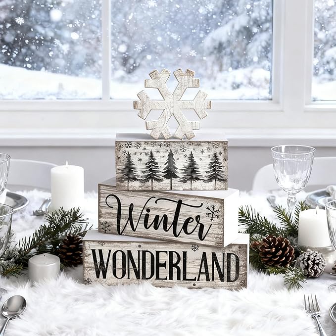 Lineshading 4 Pcs Winter Table Decorations Wooden Snowflake Decor Winter Tiered Tray Decor Rustic Snow Block Signs Gift Farmhouse Christmas Centerpiece for Wonderland Party Kitchen Home