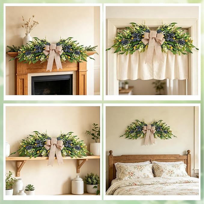 Floral Swag for Front Door Greenery Teardrop Swag Artificial Eucalyptus Olive Leaves Mixed Berry Swag with Bow Summer Wreath for Farmhouse Wedding Arch Party Wall Home Indoor Outdoor Holiday Decor