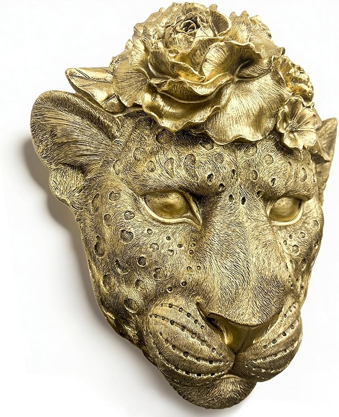 GUSFREUD Gold Animal Heads Sculptures Wall Art - Resin Faux Leopard for Home Wall Decor, Leopard Wall Hanging Decoration for Living Room, Bedroom & Kitchen, Unique Gift Idea
