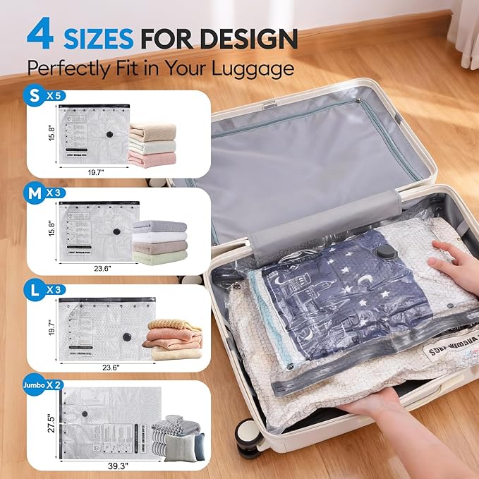 13 Pack Vacuum Seal Bags for Clothing Travel with Electric Pump, Space Saver Vacuum Storage Bags Sealed, Compression Packing Bags for Luggage, Blankets Clothes, Comforter (2 Jumbo+3 L+3 M+5 S)