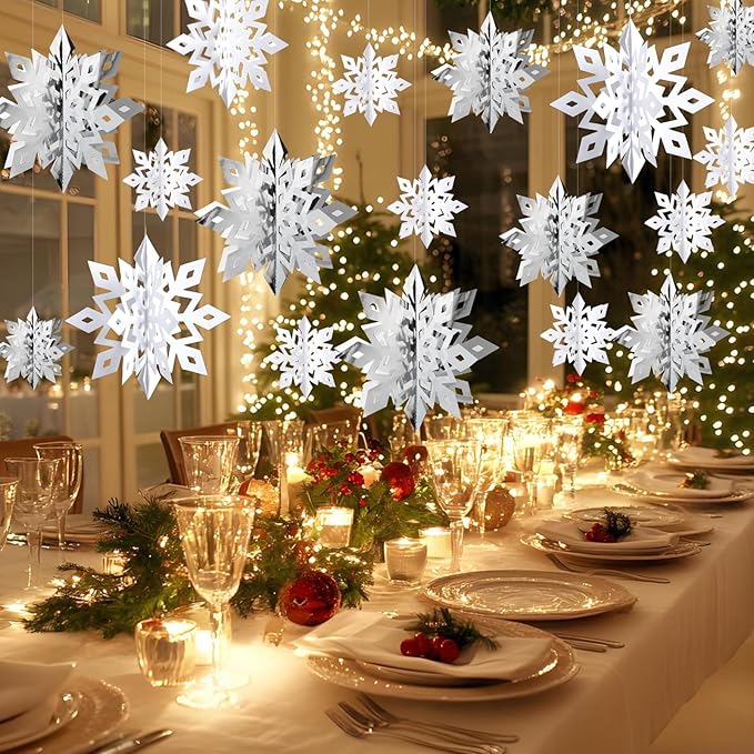 OuMuaMua Winter Christmas Snowflake Decorations Indoor, 24PCS 3D Large White and Silver Snowflakes Hanging Ornaments for Home Xmas Christmas Holiday Winter Wonderland New Year Party Decorations
