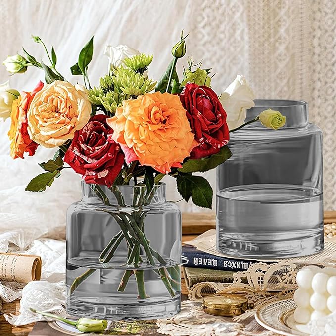 7 Inch Tall Vases for Flowers, Large Glass Vase for Centerpieces, Clear Glasses Home Decor Modern Jarrones Decorativos for Wedding Living Room Dining Table (Gray)