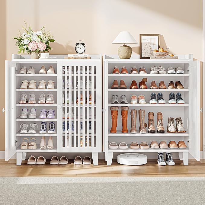 IRONCK Shoe Cabinet with Slatted Doors, 6-Tier Shoe Storage Cabinet with Adjustable Shelves, Wooden Shoe Rack Organizer for Entryway, Hallway, Closet, Living Room, White