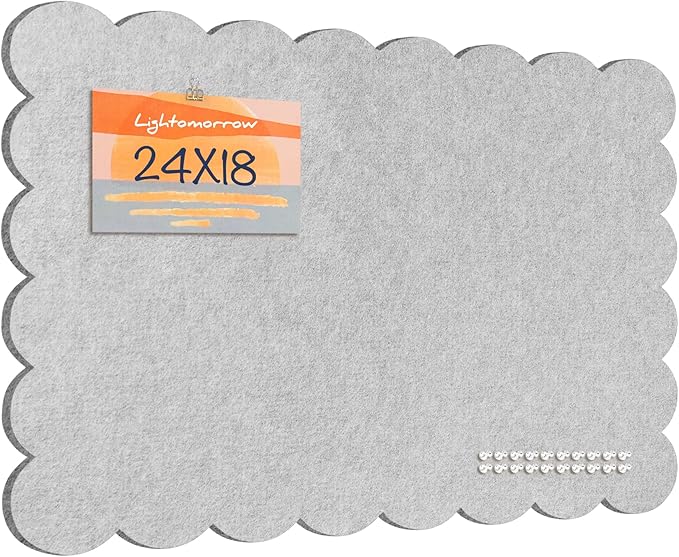 Lightomorrow Scalloped Bulletin Board, 24 x 18 Inches Felt Pin Board - Decorative Cork Alternative for Wall, Foldable Picture Self-Adhesive Vision Prayer Board with 20 Pushpins - Light Gray