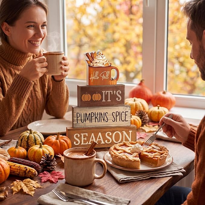Lineshading 4 Pcs Fall Decorations for Home Wooden Hot Cocoa Cup Block Sign Thanksgiving Tiered Tray Decor Thanksgiving Centerpiece Rustic Fall Table Decor for Autumn Harvest Party Home Kitchen