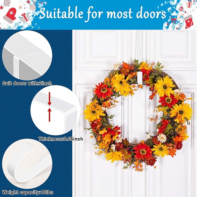 4 Pack 12" &15" Wreath Hangers for Front Door, Over The Door Wreath Hanger Halloween Decorations Wreath Hook for Hanging Christmas Easter Fall Decoration, Welcome Sign Holder (White)