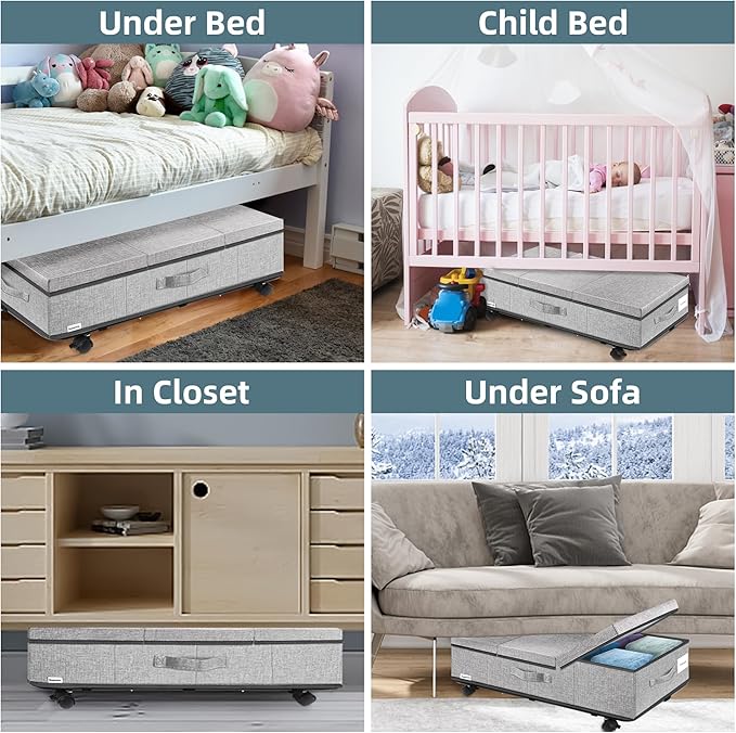 Under Bed Storage with Wheels, Rolling Underbed Storage Containers with Lids, Under Bed Shoe Storage Bins Organizer with Reinforced Metal Bottom Support and Three Handles