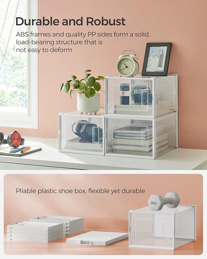 SONGMICS Shoe Boxes, Pack of 12 Shoe Storage Organizers, Stackable Clear Plastic Boxes for Closet, Sneakers, 13.7 x 9.9 x 7.4 Inches, Transparent and White ULSP12MWT