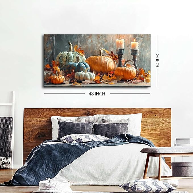 Farmhouse Kitchen Decor Pumpkin Wall Decor Maple Leaves Painting White Orange Pumpkin Canvas Prints Rustic Fall Harvest Themed Picture Still Life Artwork for Bedroom Dining Room Home Decoration 24x48"