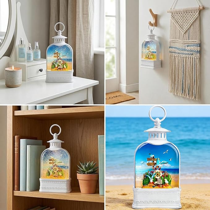 Nautical Theme Snow Globe Lantern with Music - USB or Battery Powered Light Up Water Lantern with Seagull - Swirling Glitter Water Globe for Summer Costal Ocean Decor - Gift for Ocean Lover (Seagull)