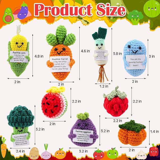 VioraWhite 18 Pcs Fruits Vegetables Positive Emotional Dolls Bulk Encouragement Emotional Knitted Crochet Gifts with Positive Words for Friends Coworker Decorations for Home Office