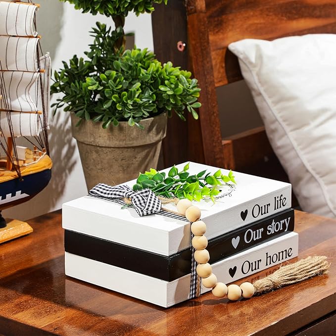 Capoda 3 Pcs Decorative Books for Home Decor Farmhouse Faux Stacked Books Wooden Rustic Table Decor with Bead Garland Twine Ribbon Faux Leaf for Table(This is Us)
