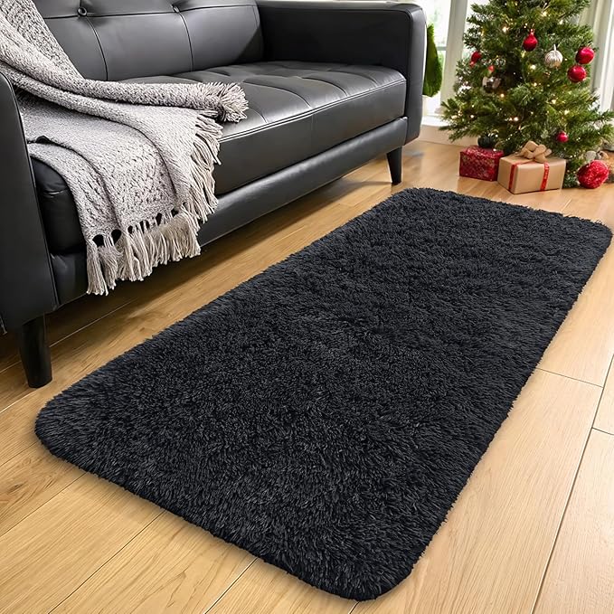 OLANLY 2x10 Machine Washable Runner Rugs for Hallway, Soft Fluffy Shaggy Bedside Rugs for Bedroom, Living Room, Indoor Floor Carpet for Kids Girls and Boys, Nursery Rooms, Home Decor Aesthetic, Black