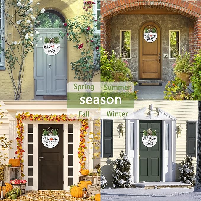 Interchangeable Wooden Seasonal Welcome Wreath, Rustic Round Dogs Front Door Wreaths for Home/Wall/Porch/Farmhouse Decor, for Easter Spring Summer Fall Halloween Christmas All Season Decorations