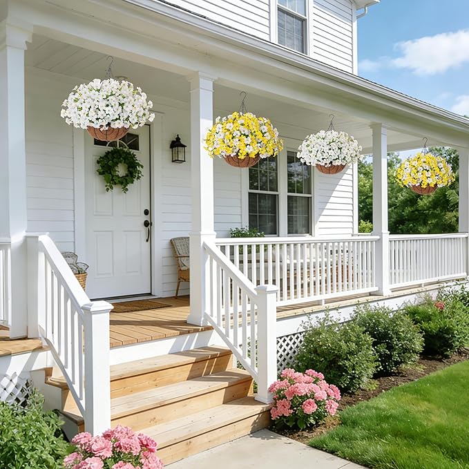 INSPRING Artificial Hanging Flowers for Outdoors Baskets Spring Fake Plants Outdoor Decoration, UV Resistant Faux Morning Glory in Planter Look Real Silk Flowers for Outside Patio Porch Balcony Garden