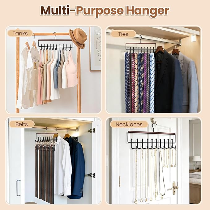 Tie Rack Hanger for Closet Upgraded 2-in-1 Tie and Belt Hanger Non Slip Tie Rack with 20 Hooks Tie Hanger Space Saving Wooden Belt Tie Organizer for Tank Tops Bras Cami Scarves, Walnut Color